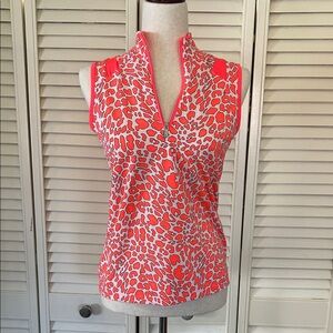 Sleeveless Coral Animal-Print Zip-Front Tank Top